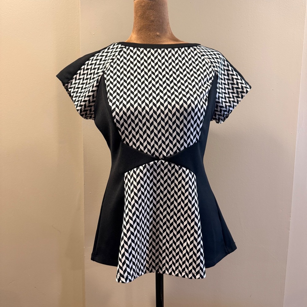 Worthington Peplum Top Womens S Black/White Colorblock CorpGoth Mod Revival Edgy
